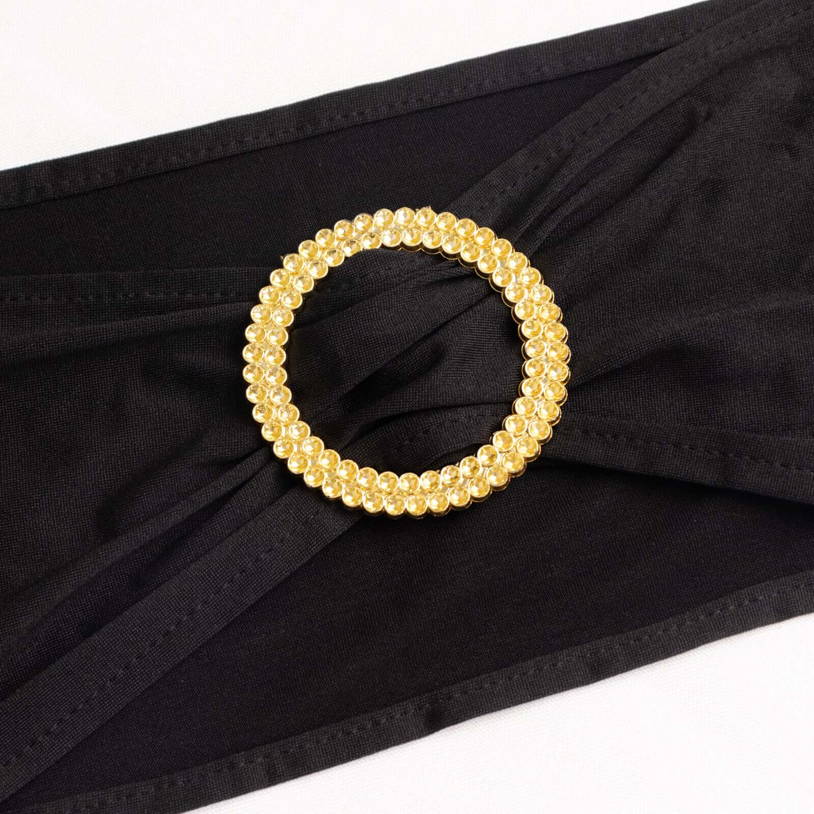 5 Pack Spandex Chair Sashes Black with Gold Rhinestone Buckles - Reusable Four-Way Stretch Sash Bands 5"x14"