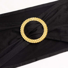 5 Pack Spandex Chair Sashes Black with Gold Rhinestone Buckles - Reusable Four-Way Stretch Sash Bands 5"x14"