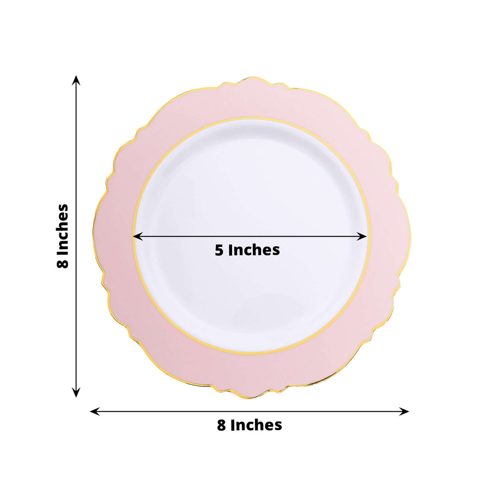 10-Pack Plastic 8" Round Dessert Plates in White with Blush Blossom Design & Gold Edging - Disposable Salad Appetizer Plates