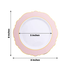 10-Pack Plastic 8" Round Dessert Plates in White with Blush Blossom Design & Gold Edging - Disposable Salad Appetizer Plates