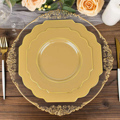 10-Pack Plastic Dessert Appetizer Plates in Gold Baroque Design with Scalloped Gold Rim - Heavy Duty Disposable Salad Plates 8"