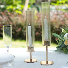 2-Pack Clear Ribbed Glass Hurricane Shades Open End Design - Stylish Candelabra Pillar Candle Holder Table Centerpiece 10"