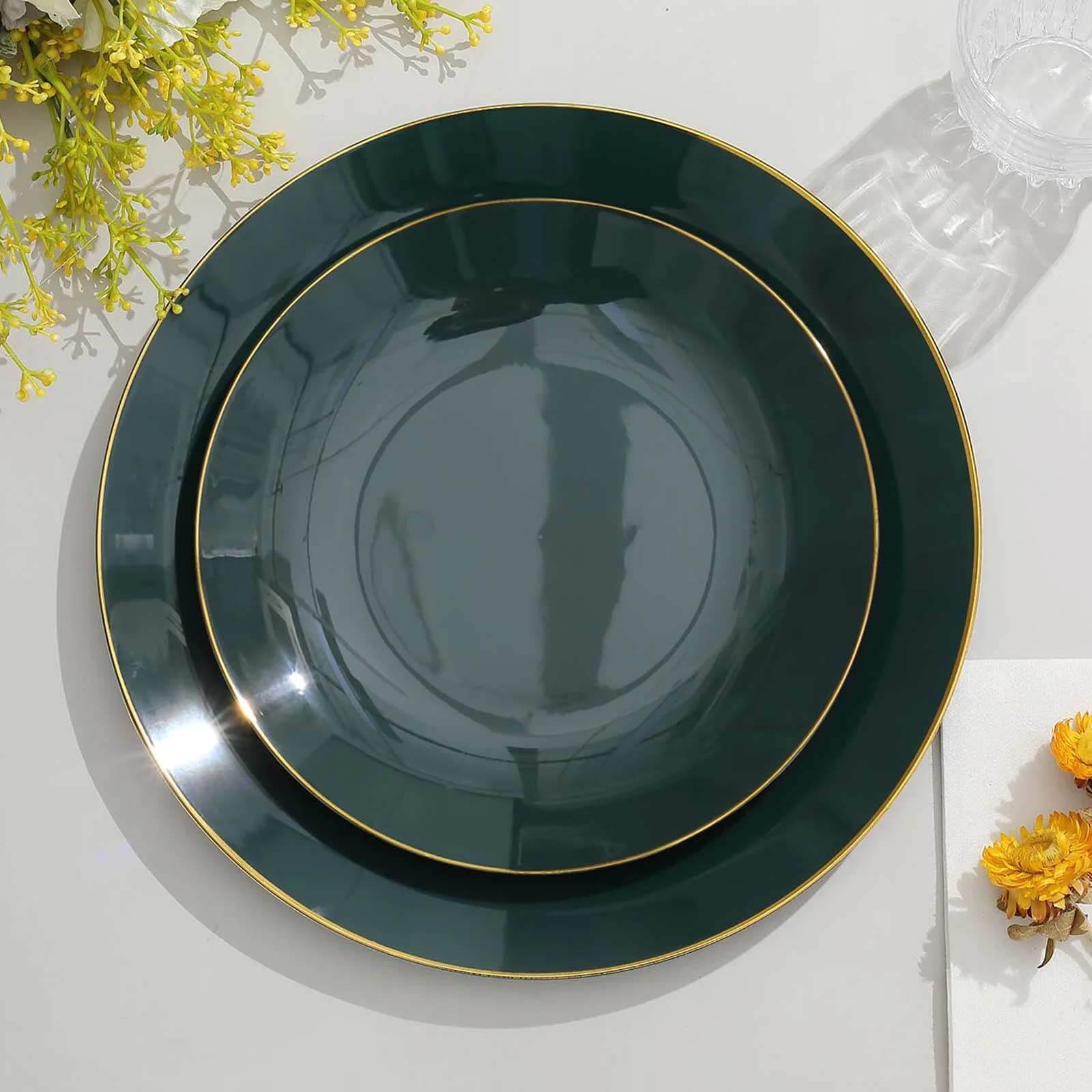 10-Pack Plastic 8" Round Dessert Plates in Hunter Emerald Green with Gold Rim - Glossy Disposable Appetizer Salad Plates