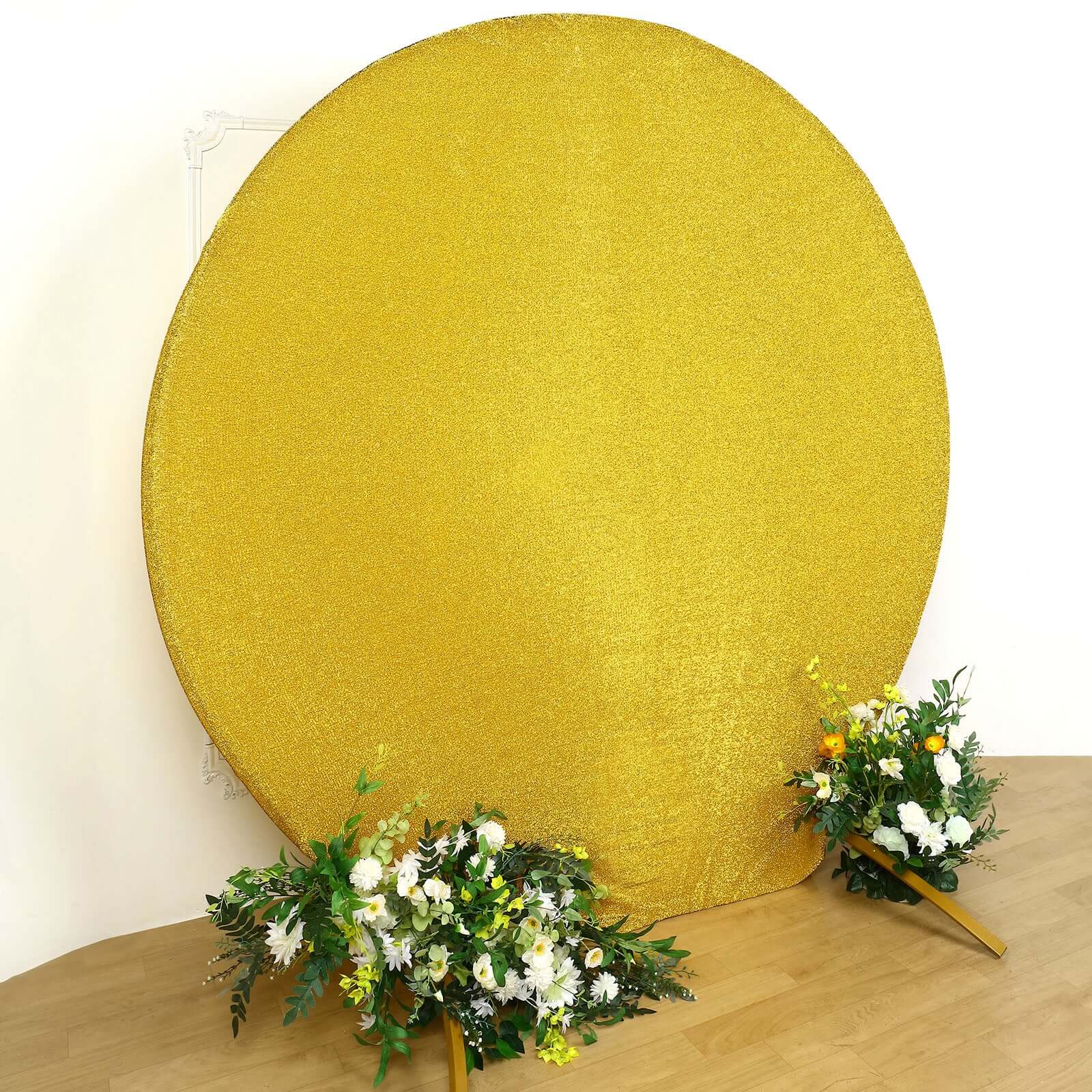 7.5ft Gold Metallic Shimmer Tinsel Spandex Round Wedding Arch Cover, 2-Sided Photo Backdrop