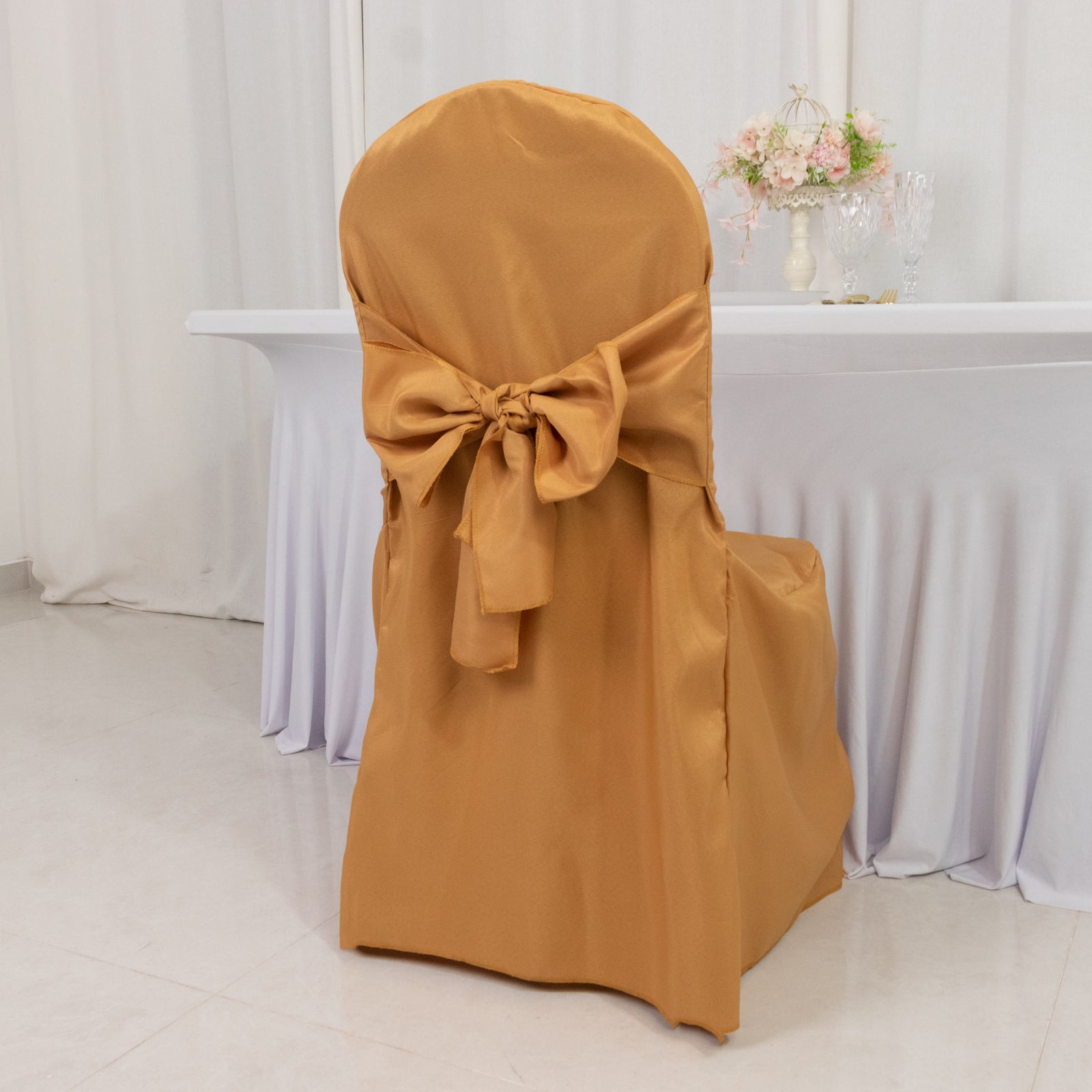 10-Pack Polyester Slip-On Banquet Chair Covers with Attached Sashes – Gold Reusable Stain-Resistant Covers for Wedding & Event Decor