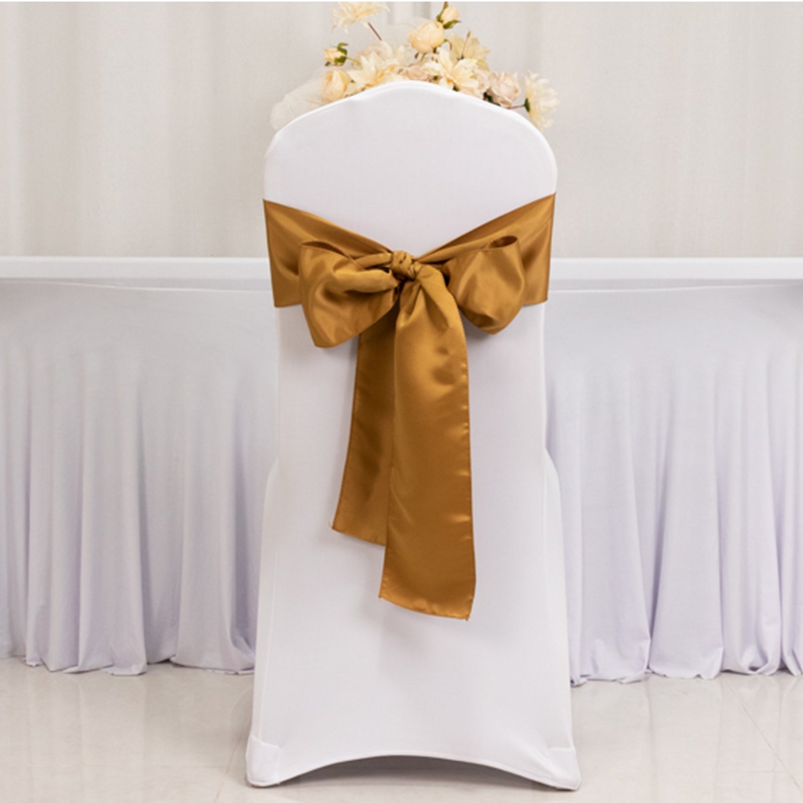 5 Pack Lamour Satin 6"x106" Chair Sashes Gold - Stylish Reusable Decorative Bows for Weddings & Gatherings