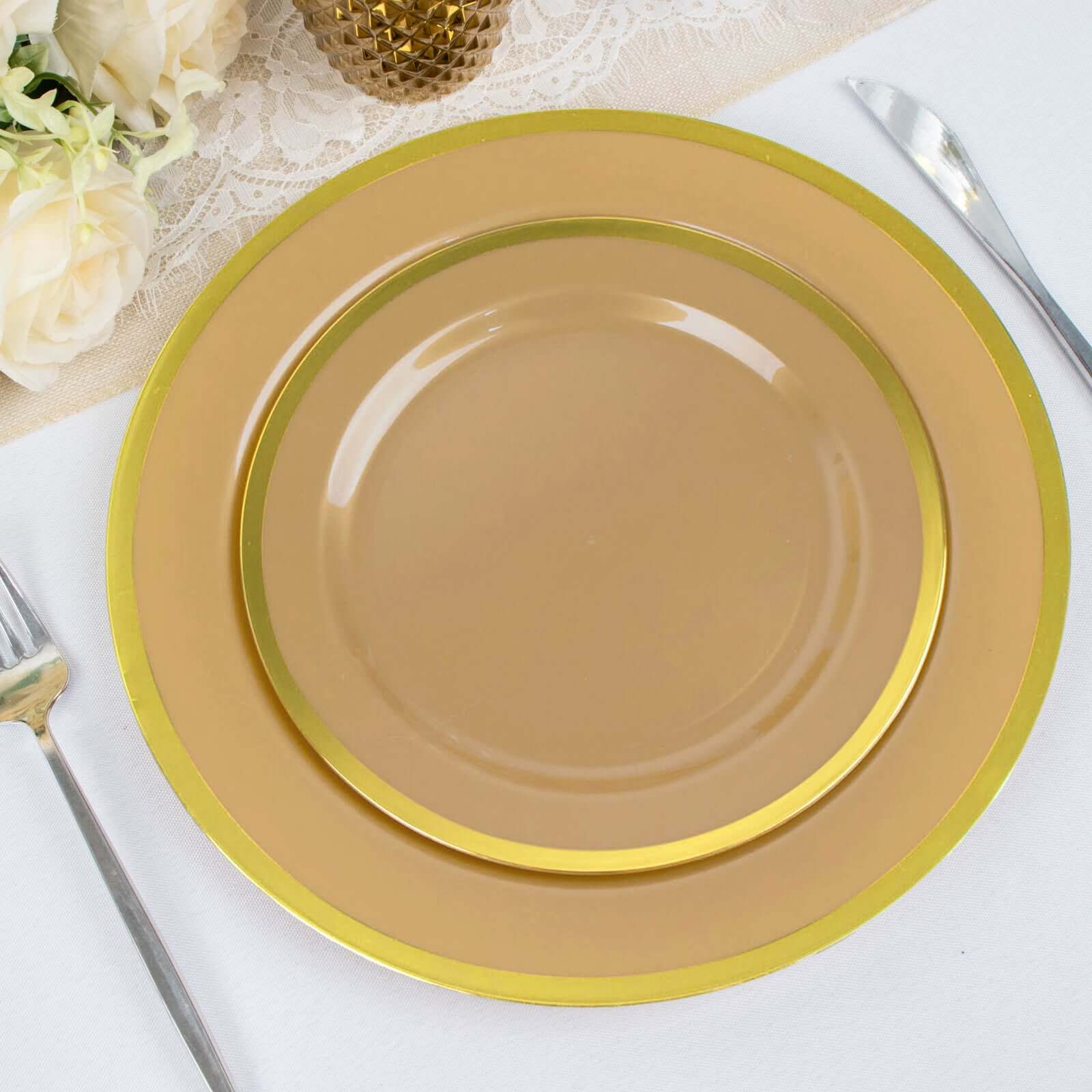 10-Pack Plastic 7" Round Appetizer Plates in Gold - Sleek Disposable Salad Plates for Banquets & Special Occasions
