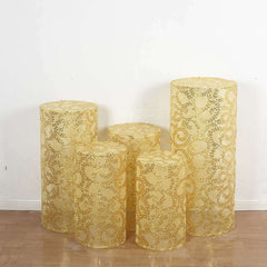 Set of 5 Gold Sequin Mesh Cylinder Pedestal Stand Covers with Leaf Vine Embroidery, Sparkly Sheer Tulle Pillar Prop Covers