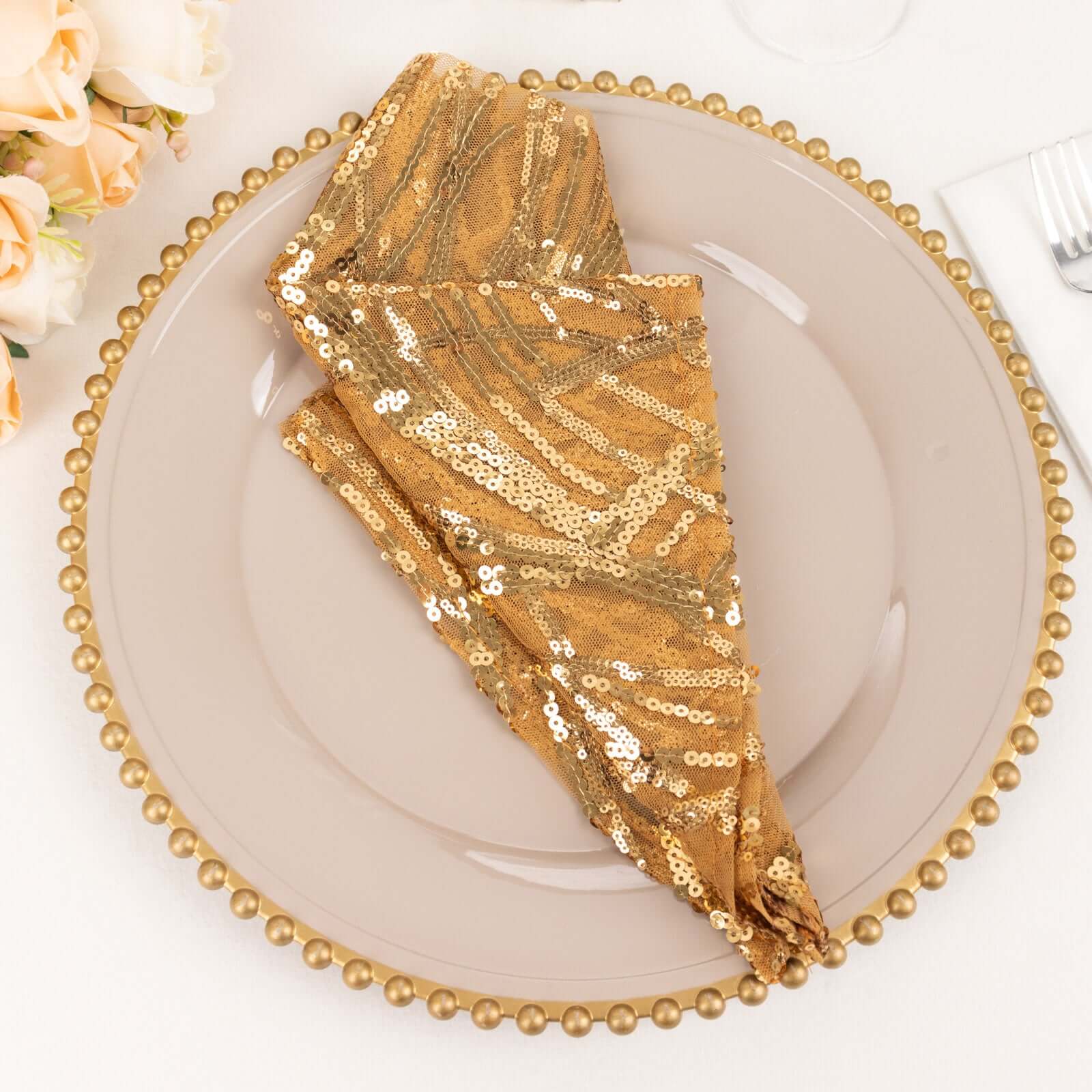 Sequin Mesh 20"x20" Napkin Gold - Wave Embroidered Reusable Cloth Napkin for Glitzy Table Settings