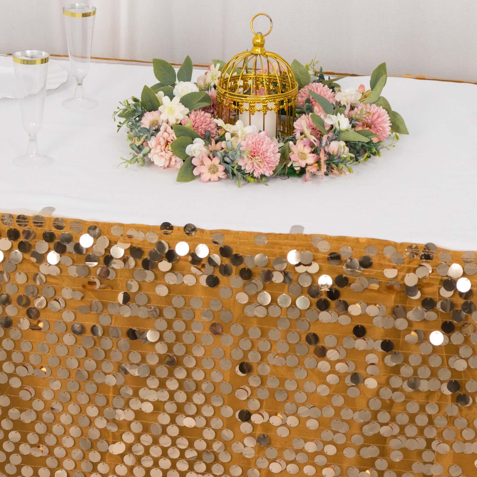 Payette Sequin 21ft Table Skirt Gold - Dual Layered Satin for Shimmering Event Décor
