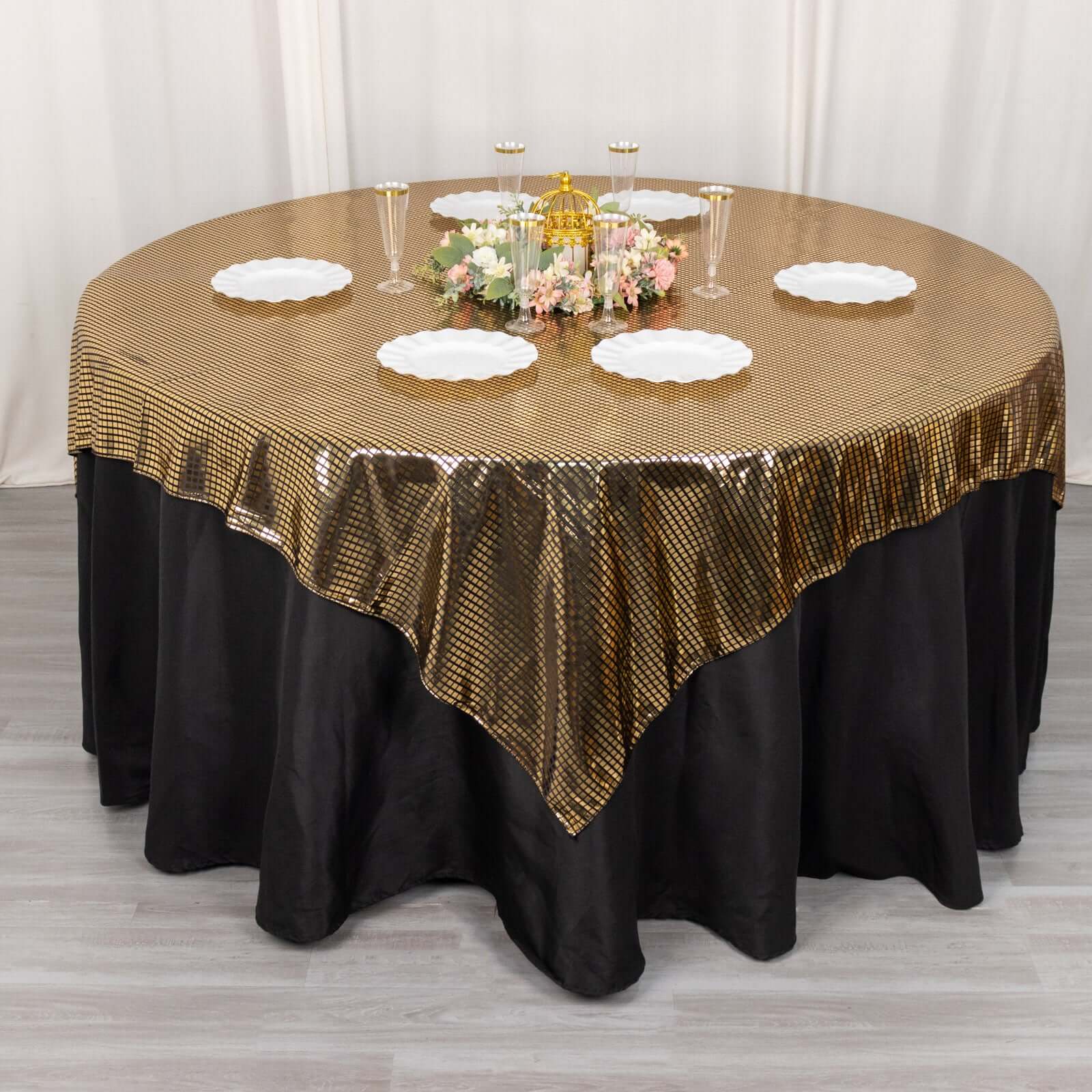 Polyester 72"x72" Table Overlay Square Tablecloth Black - Gold Foil Disco Mirror Ball Design for Stylish Celebrations