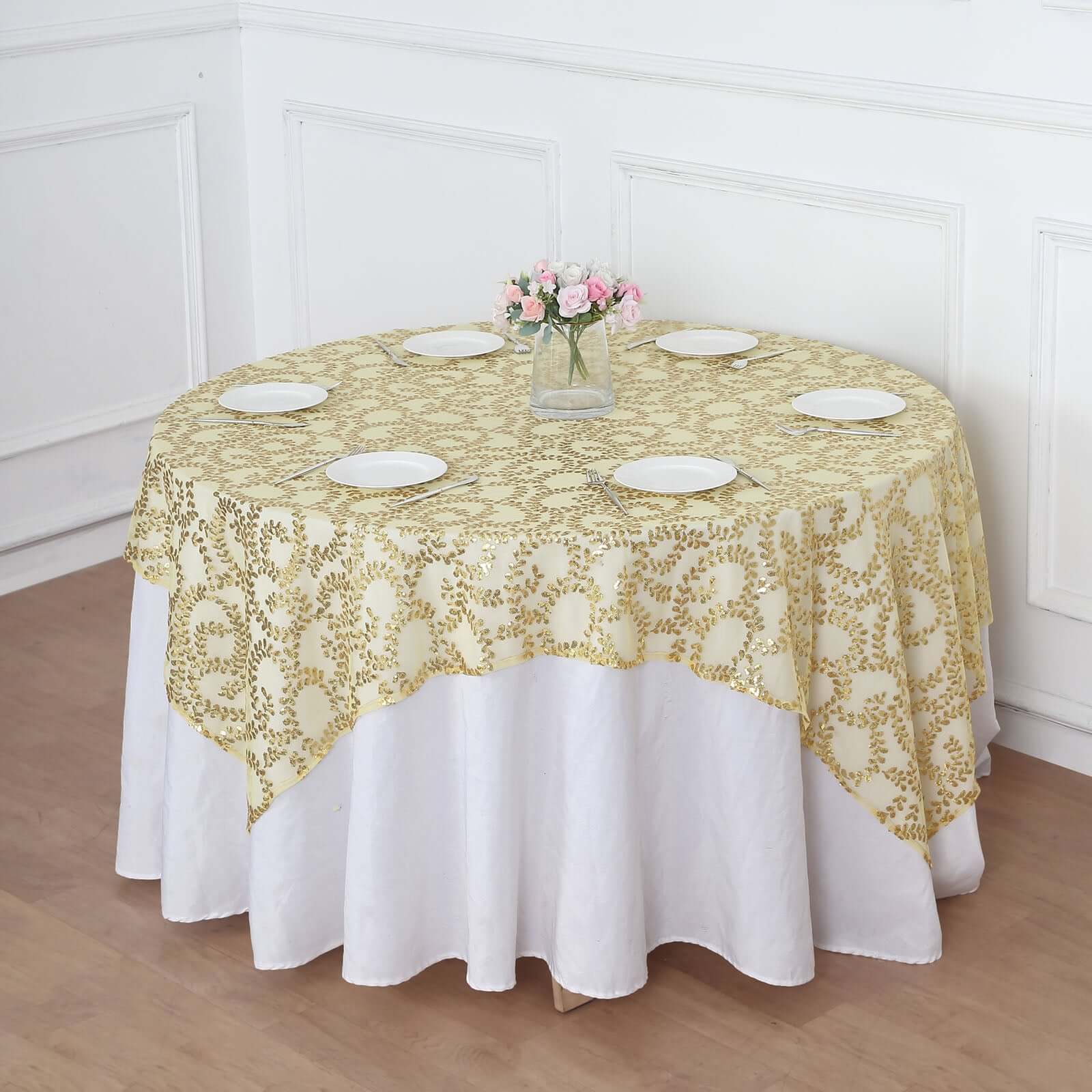 Tulle 72"x72" Table Overlay Square Tablecloth Gold - Sequin Leaf Embroidered Design for Stylish Occasions