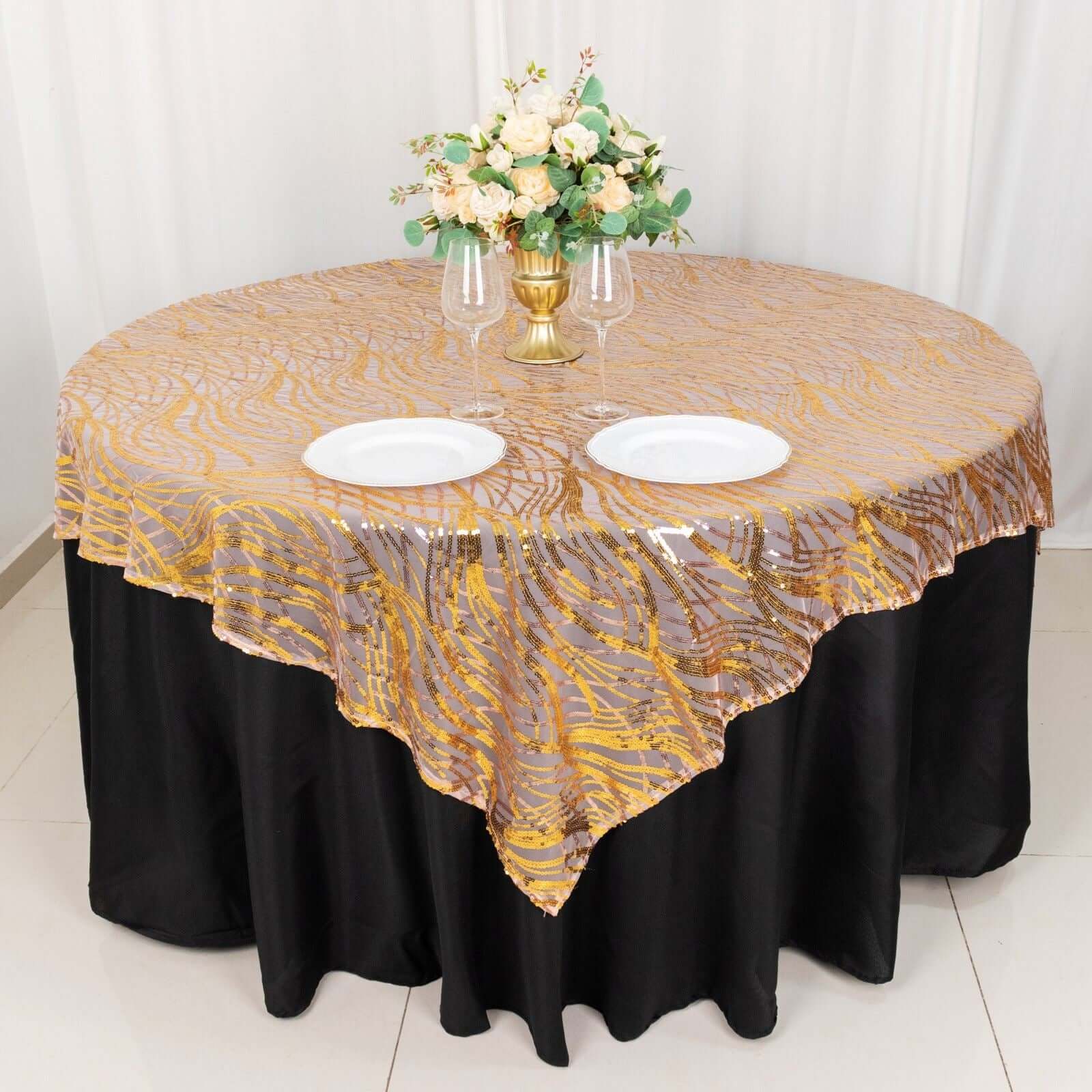 Mesh 72"x72" Table Overlay Square Tablecloth Rose Gold/Gold - Wave Embroidered Sequins Table Topper