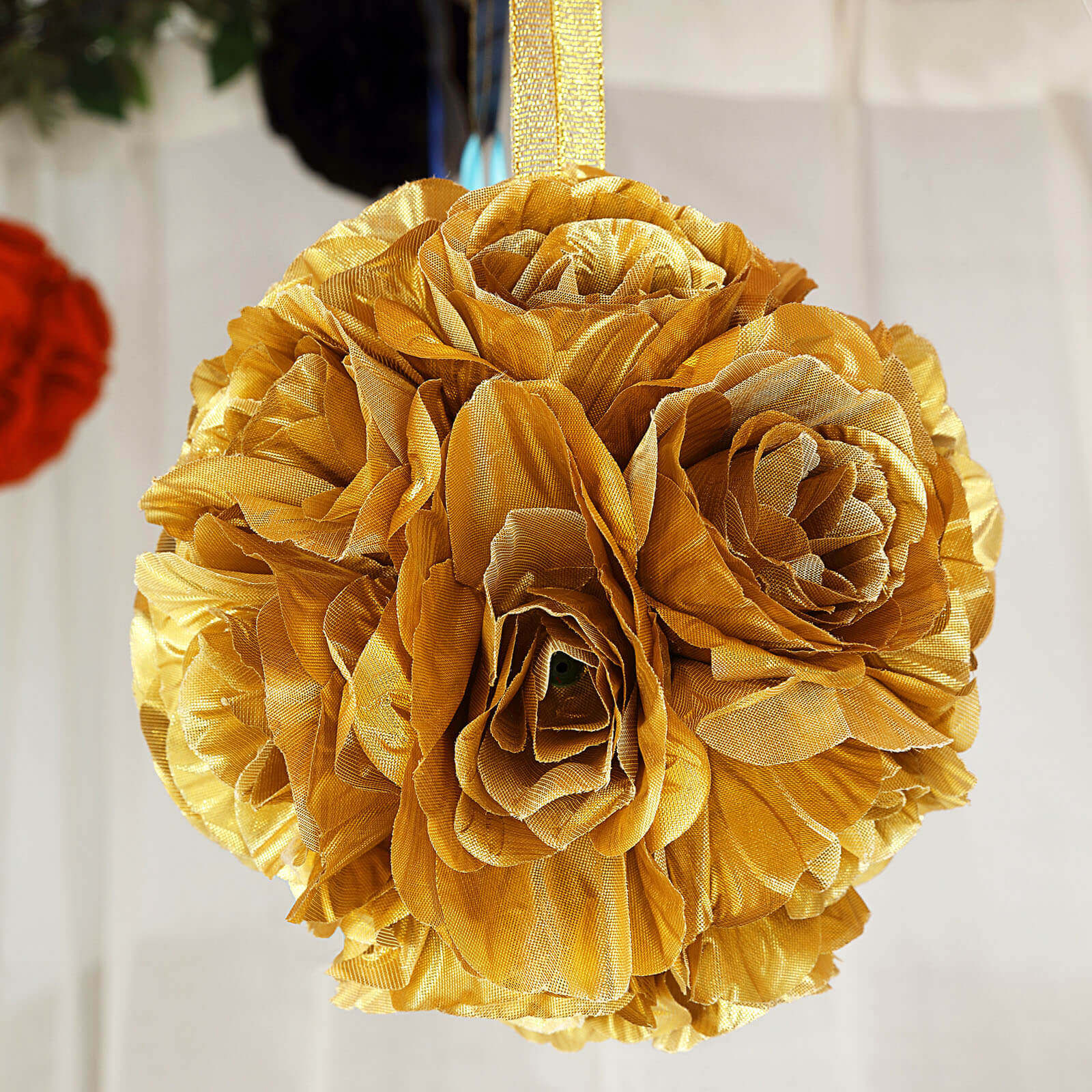2 Pack 7" Gold Artificial Silk Rose Kissing Ball, Faux Flower Ball