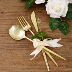24-Pack Plastic Flatware Set with Sleek Modern Design Gold - Premium Disposable Silverware 8"