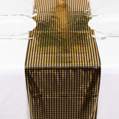 Mirror Foil Polyester 12"x108" Table Runner Black with Gold Metallic Square - Shiny Disco Theme Party Table Decor