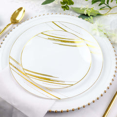 10-Pack Plastic 10" Round Dinner Plates in White with Gold Brush Stroked Print - Disposable Party Dinnerware for Modern Themed Events & Banquets