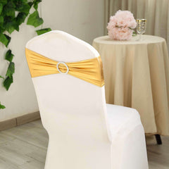 5 Pack Metallic Spandex Chair Sashes Gold - Stretch Fit Chair Bands With Round Diamond Buckles for Glamorous Event Decor