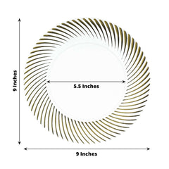 10-Pack Plastic 9" Round Dinner Plates Clear with Gold Swirl Rim - Disposable Party Plates for Classy Events & Banquets