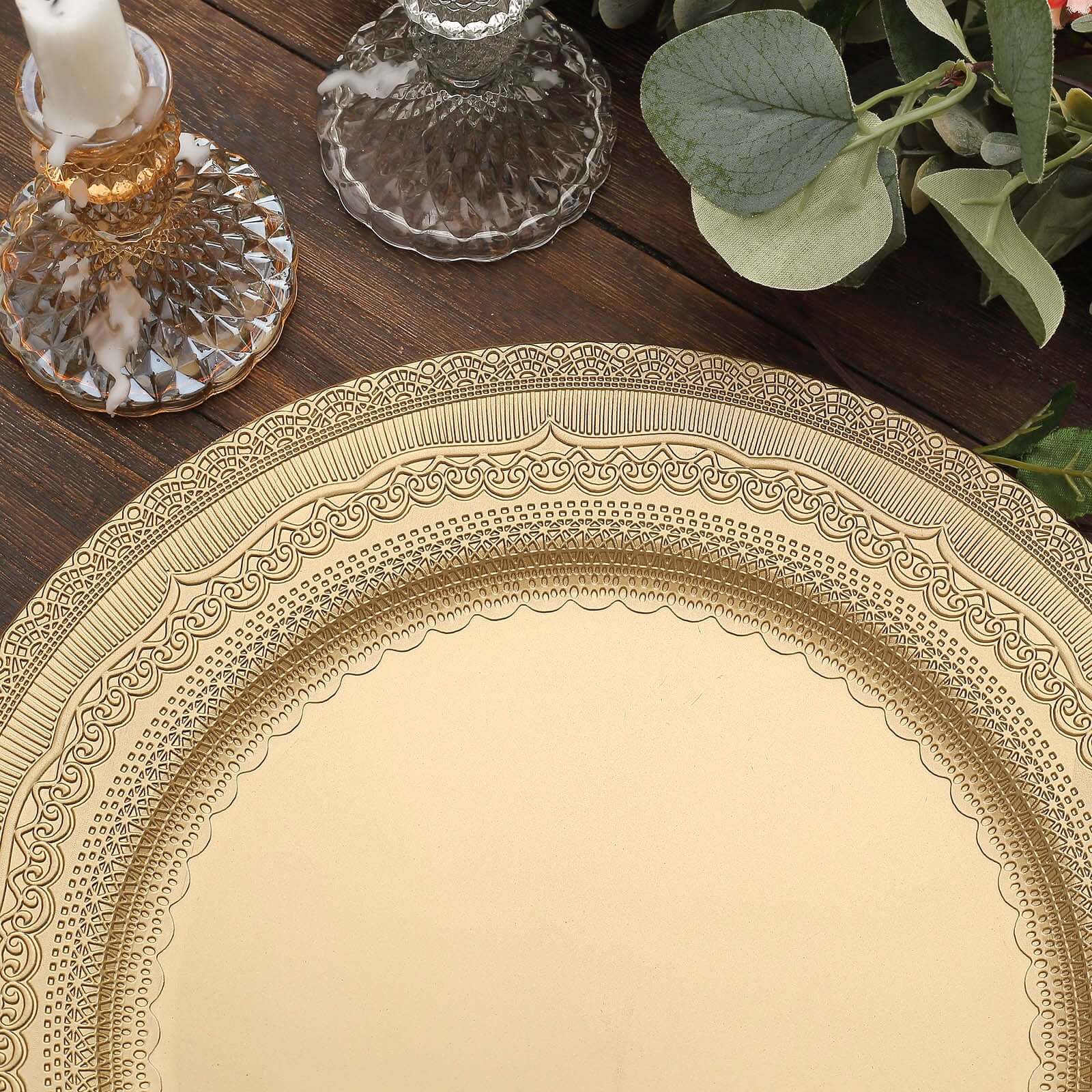 6-Pack Acrylic Round Charger Plates 13" in Gold with Lace Embossed Rim, Rustic Plastic Decorative Charger Tableware