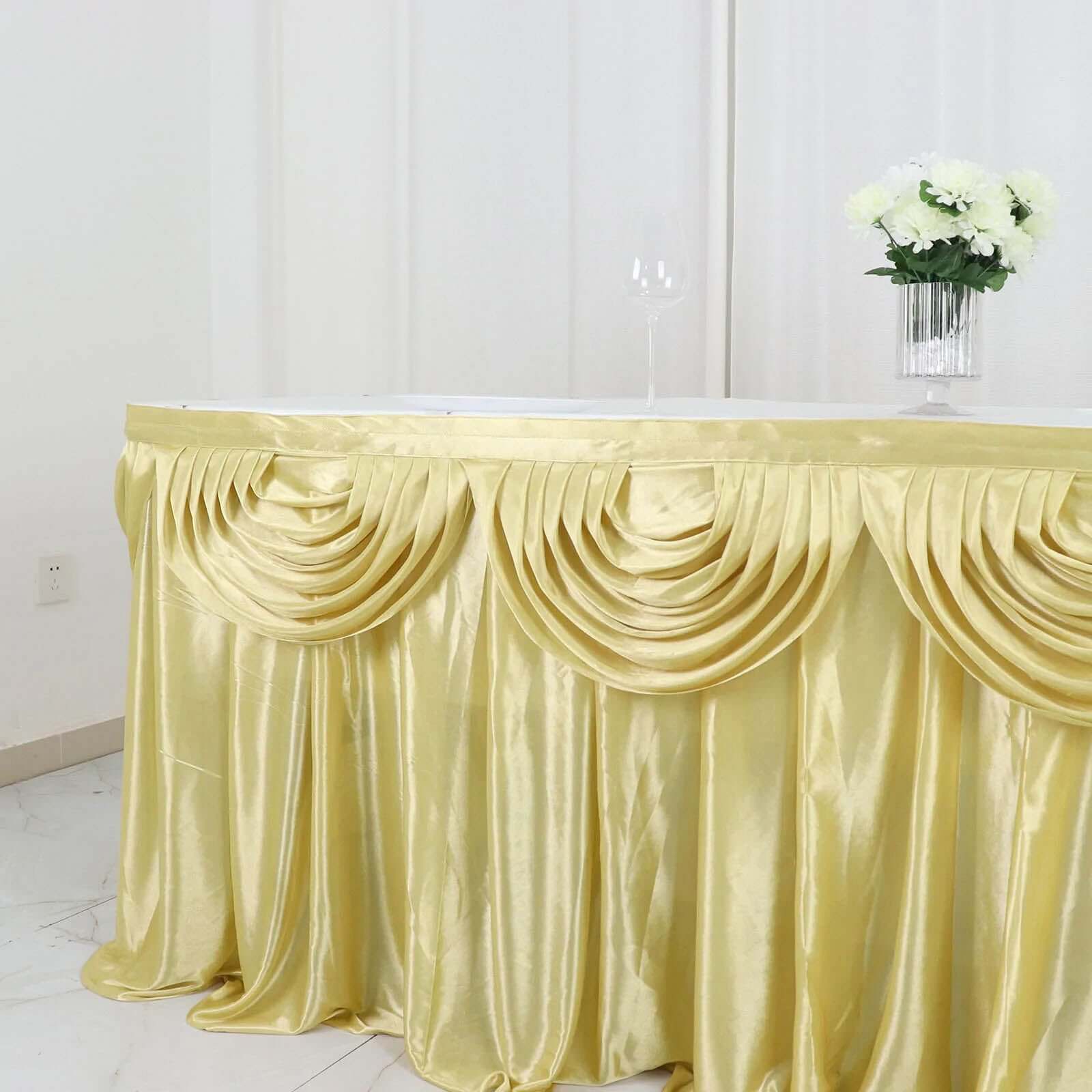 Satin 14ft Table Skirt Champagne - Pleated Double Drape Table Cover