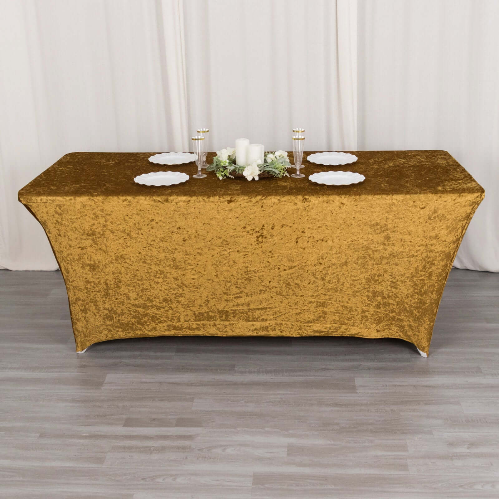 Crushed Velvet Fitted Rectangular 6ft Table Cover Gold - Wrinkle-Free Stretchy Tablecloth