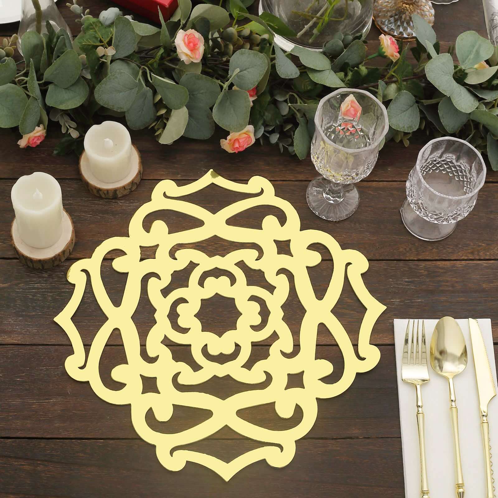 6-Pack Disposable Table Placemats in Metallic Gold Laser Cut Flower Design - 700GSM Cardboard Placemats for Glamorous Table Settings 13"