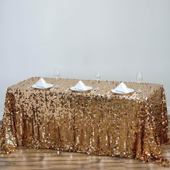 Sequin 90"x132" Rectangle Tablecloth Gold - Seamless Big Payette Design for Sophisticated Occasions