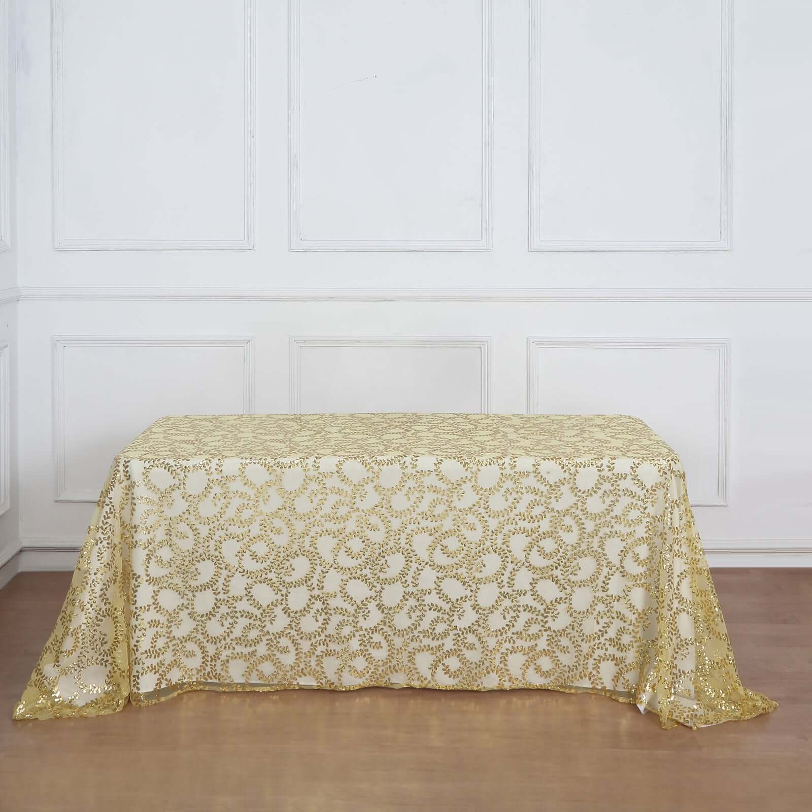 Tulle 90"x156" Rectangle Tablecloth Gold - Sequin Leaf Embroidered Design for Luxe Celebrations