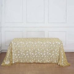 Tulle 90"x156" Rectangle Tablecloth Gold - Sequin Leaf Embroidered Design for Luxe Celebrations