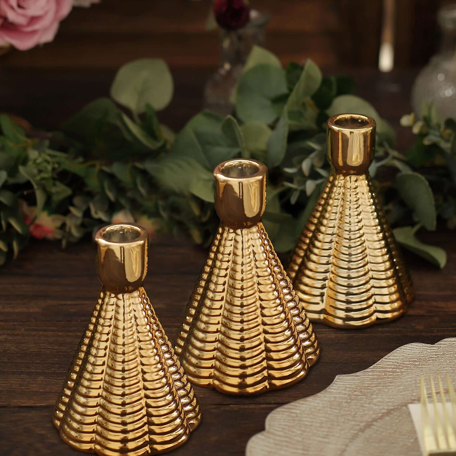 3-Pack Ceramic Taper Candle Holders Ribbed Cone Shaped Design Metallic Gold - Candlestick Stands for Decor 5"