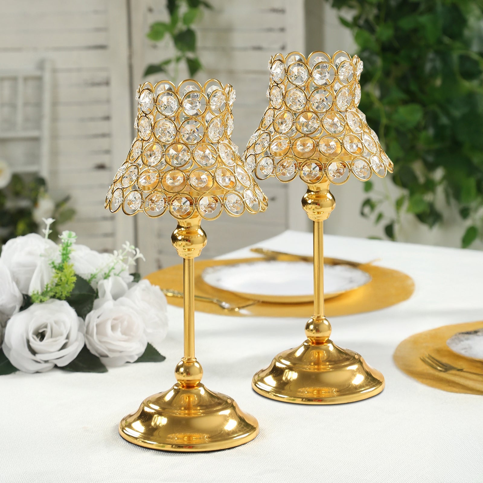 2 Pack Crystal Beaded Candle Holders – 12" Tall Gold Metal Centerpieces with Lamp-Inspired Shade for Tables & Events