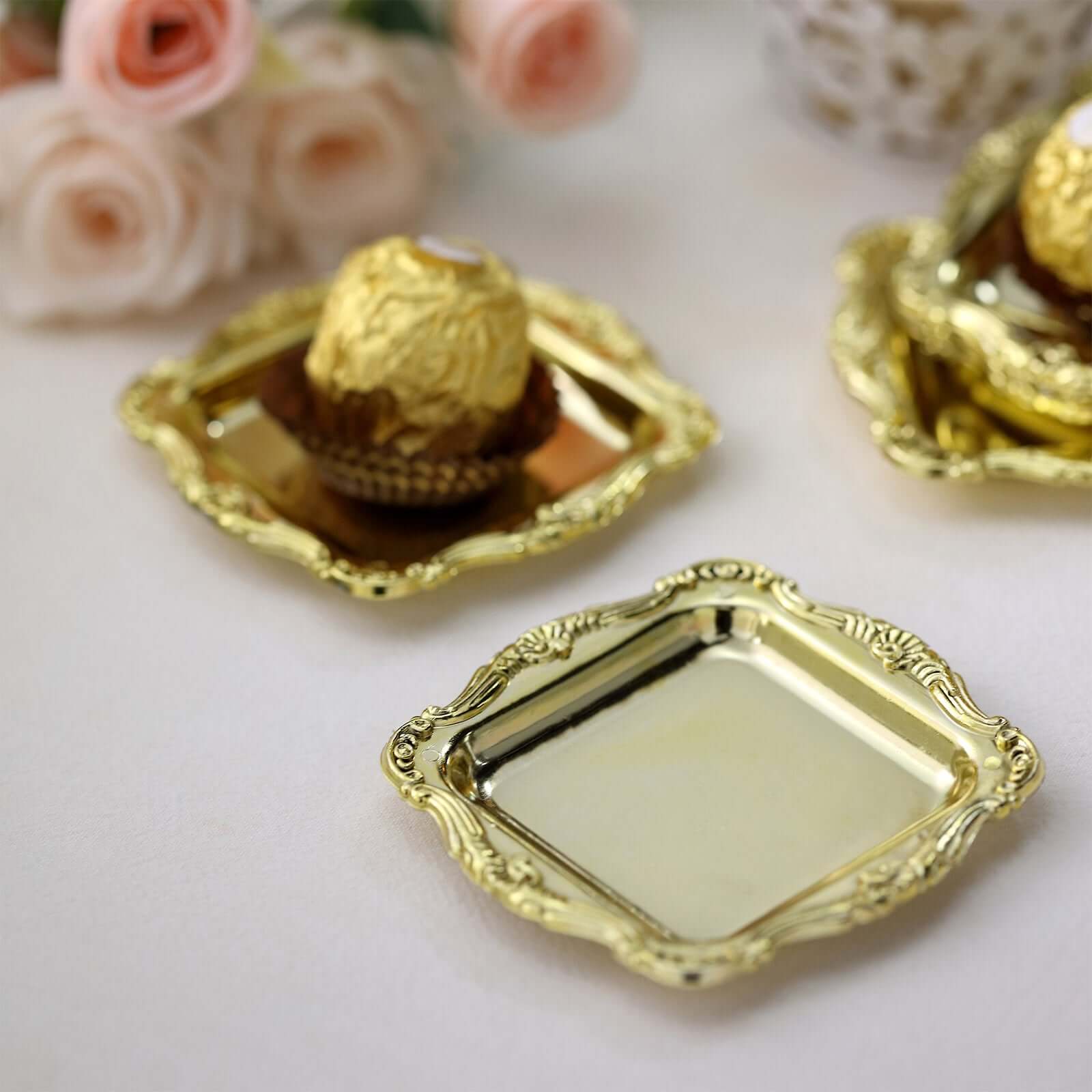 12 Pack 3" Gold Baroque Mini Square Sweet Treats Serving Platter, Party Favor Candy Display Tray