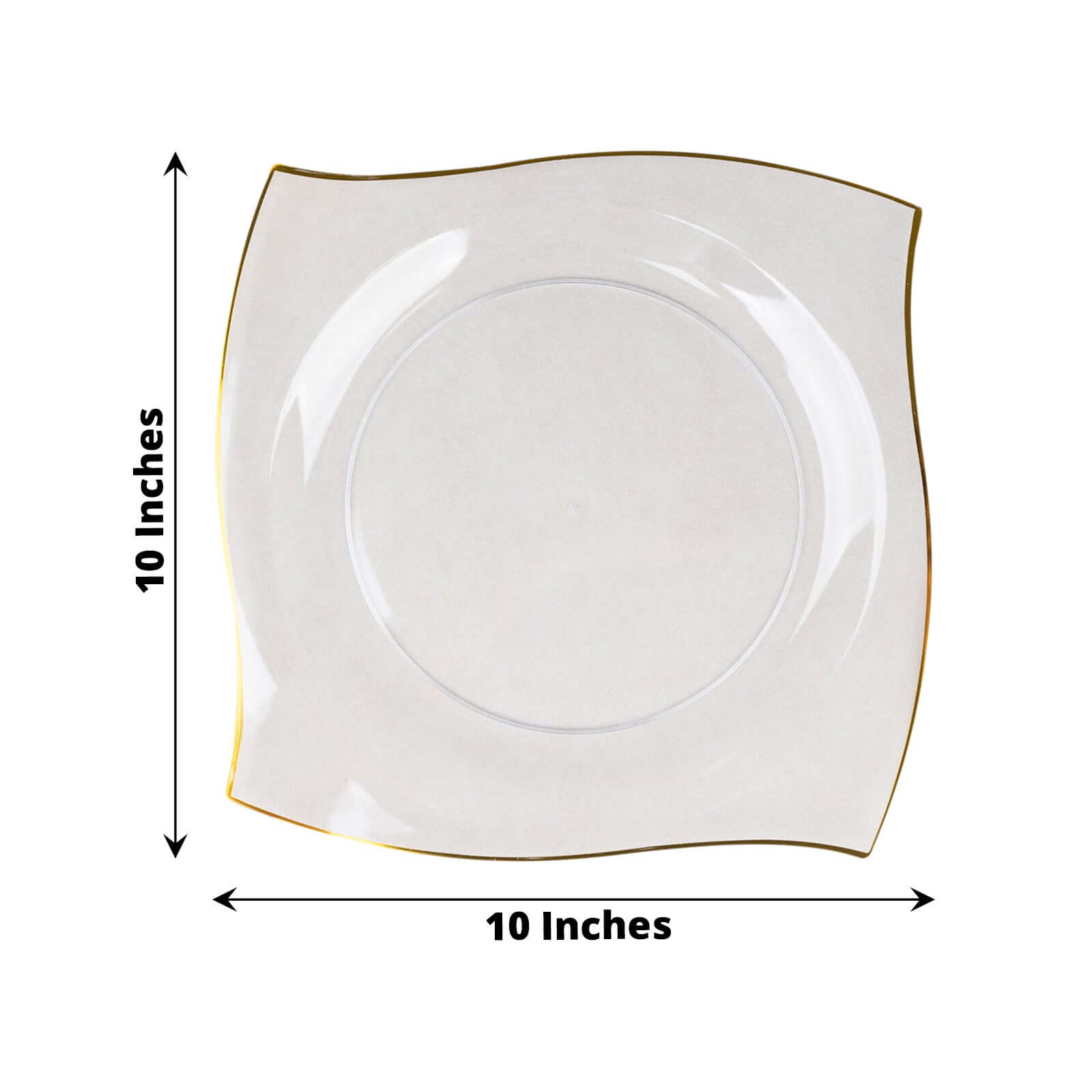 10-Pack Plastic 10" Square Dinner Plates in Clear with Gold Wavy Rim Modern - Disposable Party Plates