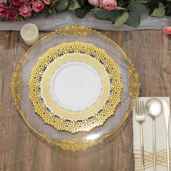 10-Pack Plastic 10" Round Dinner Plates in White with Gold Lace Rim - Disposable Party Plates for Classy Events & Banquets