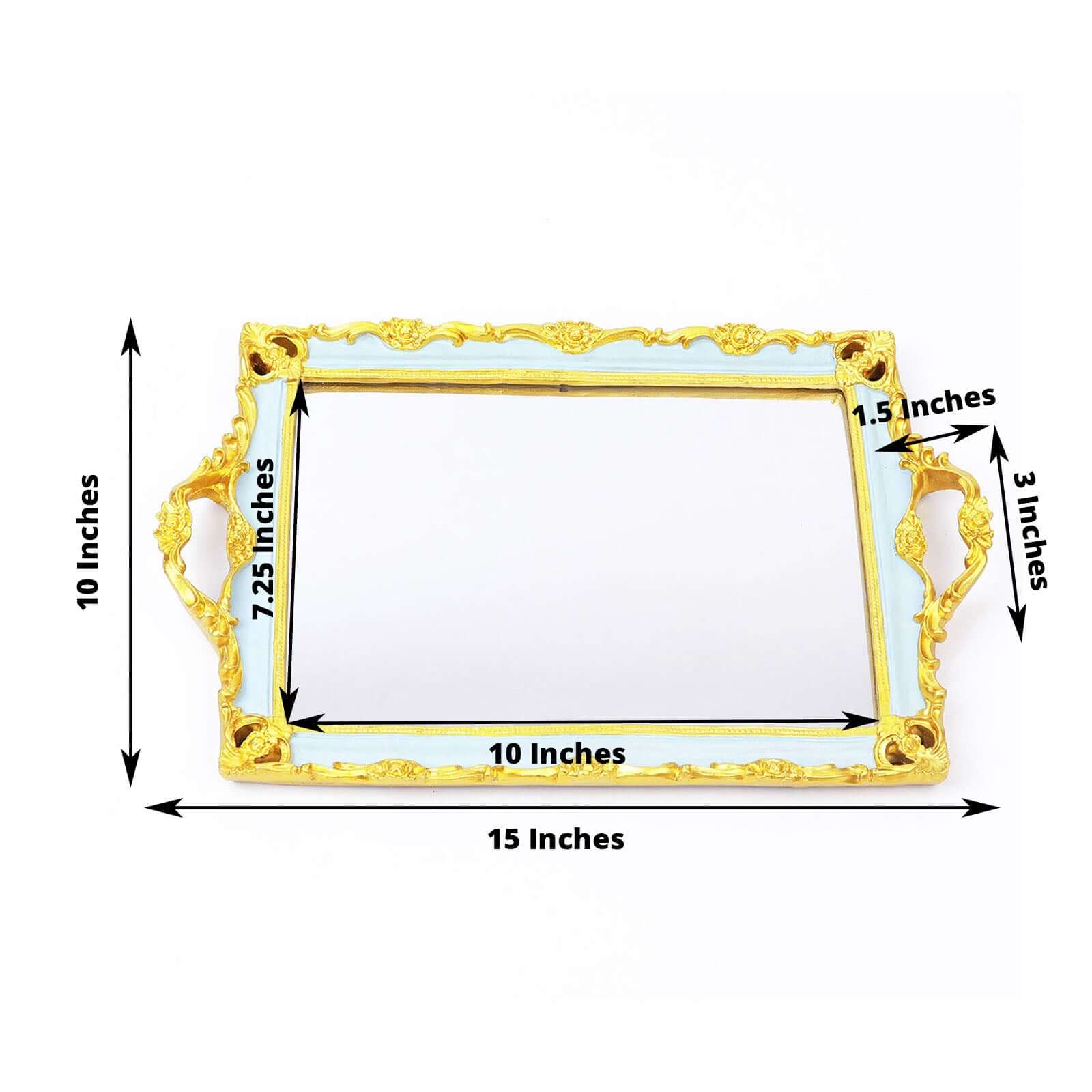 Resin Mirrored Rectangle Serving Tray 15"x10" in Mint Green with Gold Baroque Design, Stylish Decorative Vanity Tray Centerpiece