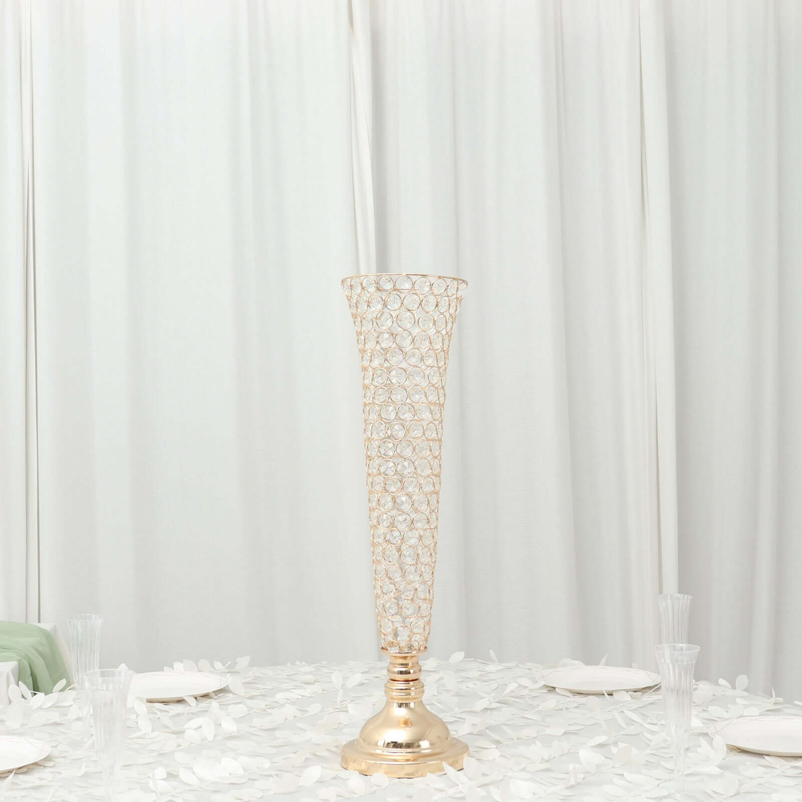 2-Pack Crystal Beaded Trumpet Vase Gold - Exquisite Floral Display Centerpiece Stand Set for Banquets & Receptions 28" Tall