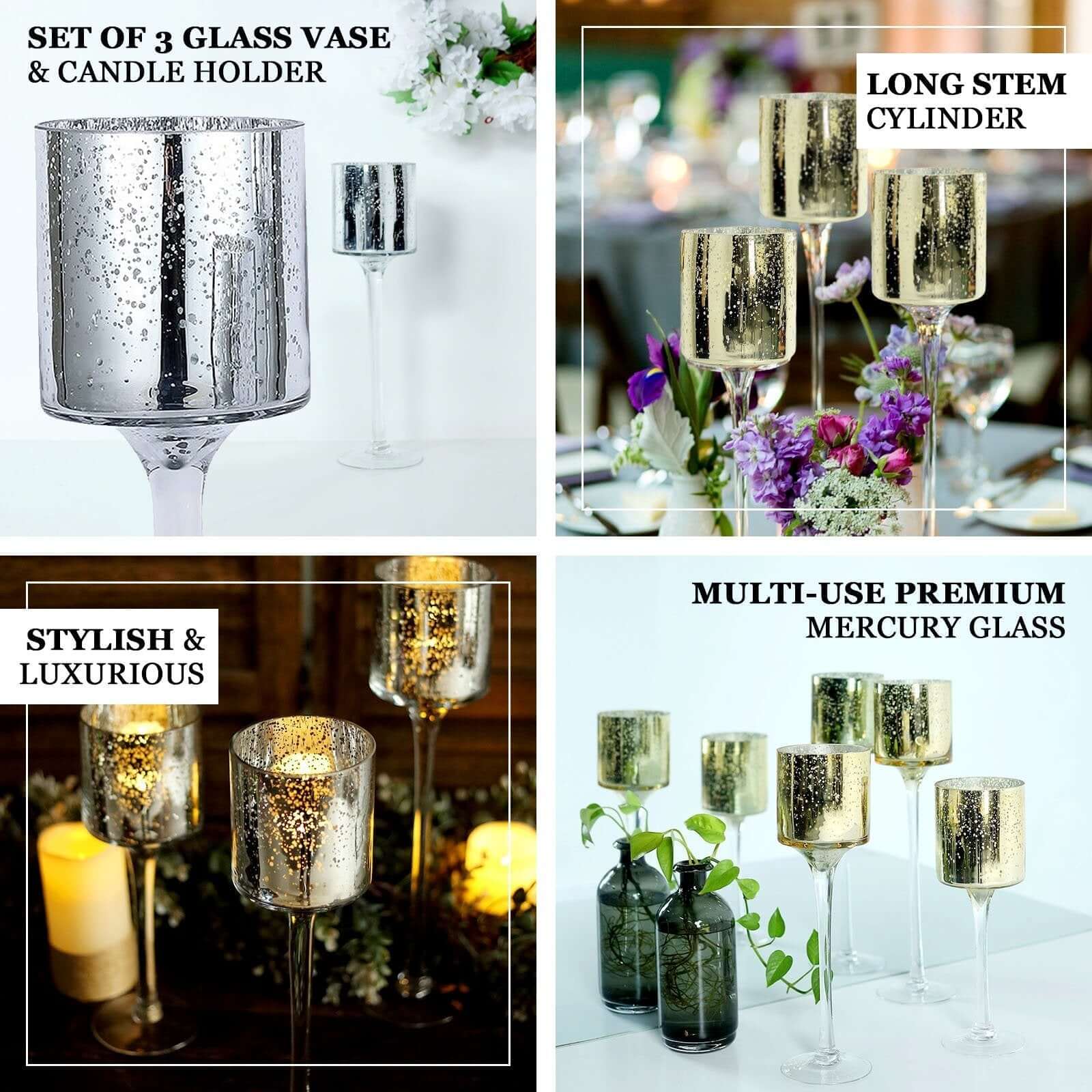 Set of 3 Glass Cylinder Vases Long Stem Gold - Decorative Candle Holder Floral Centerpieces 12", 14", 16"