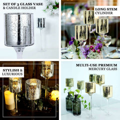 Set of 3 Glass Cylinder Vases Long Stem Gold - Decorative Candle Holder Floral Centerpieces 12", 14", 16"