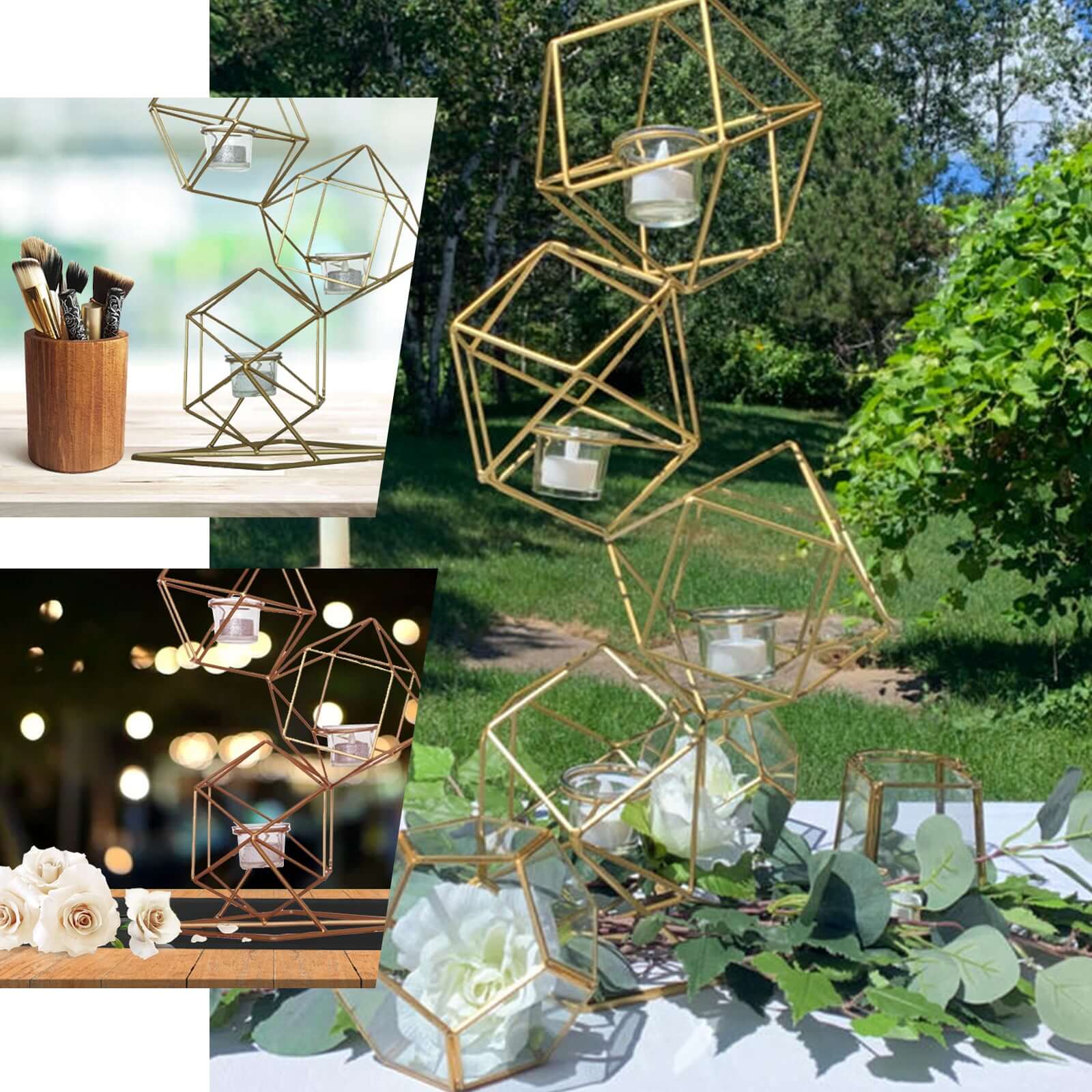 Tealight Candle Holder Metal Linked Geometric Design Gold with Votive Glass Holders - Sophisticated Decor for Tables & Gatherings 25"