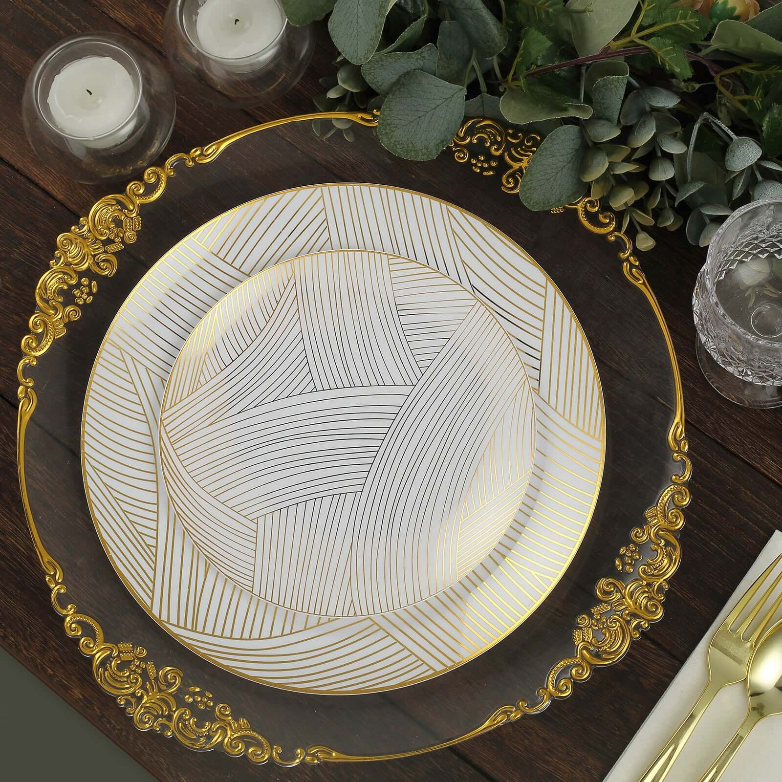 10-Pack Plastic 10" Round Dinner Plates in White with Gold Wave Brush Strokes Pattern - Disposable Party Plates for Modern & Classy Table Decor