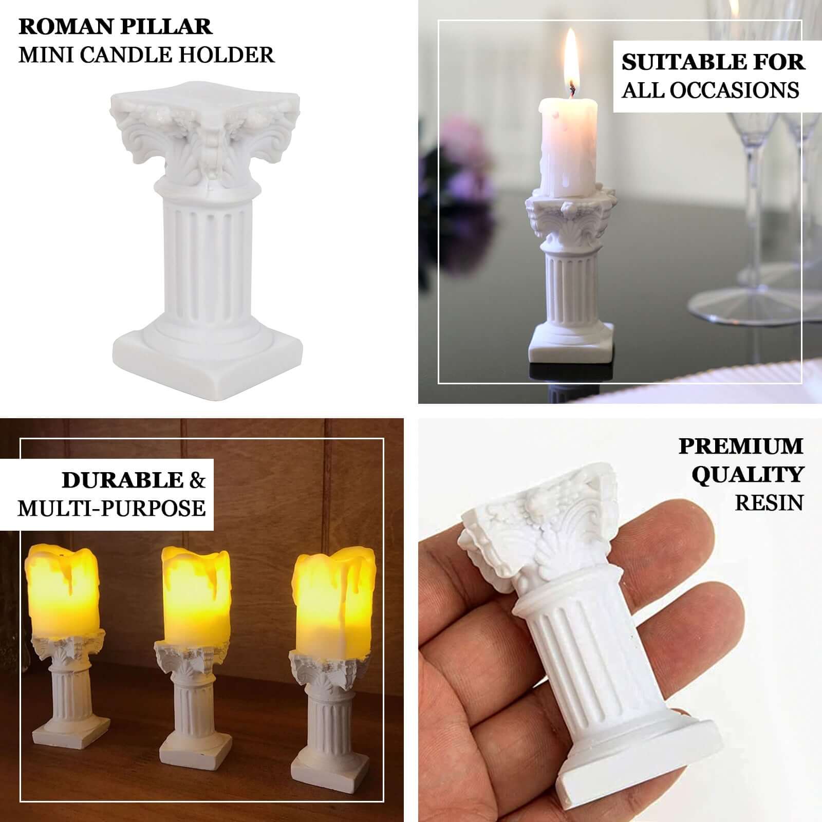 6-Pack Resin Roman Column Pillar Pedestal Candle Holders, Greek Statue Antique White Stands Sturdy Decorative Design 2.5"