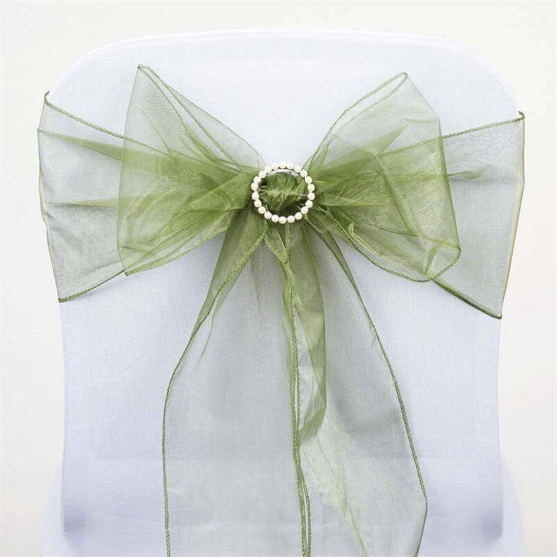 5 Pack Organza Chair Sashes Olive Green - Reusable Sheer Chair Bows 6"x108"