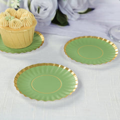 50-Pack Paper 3.5" Round Party Plates in Dusty Sage Green with Gold Scalloped Rim for Tapas, Appetizers & Finger Foods