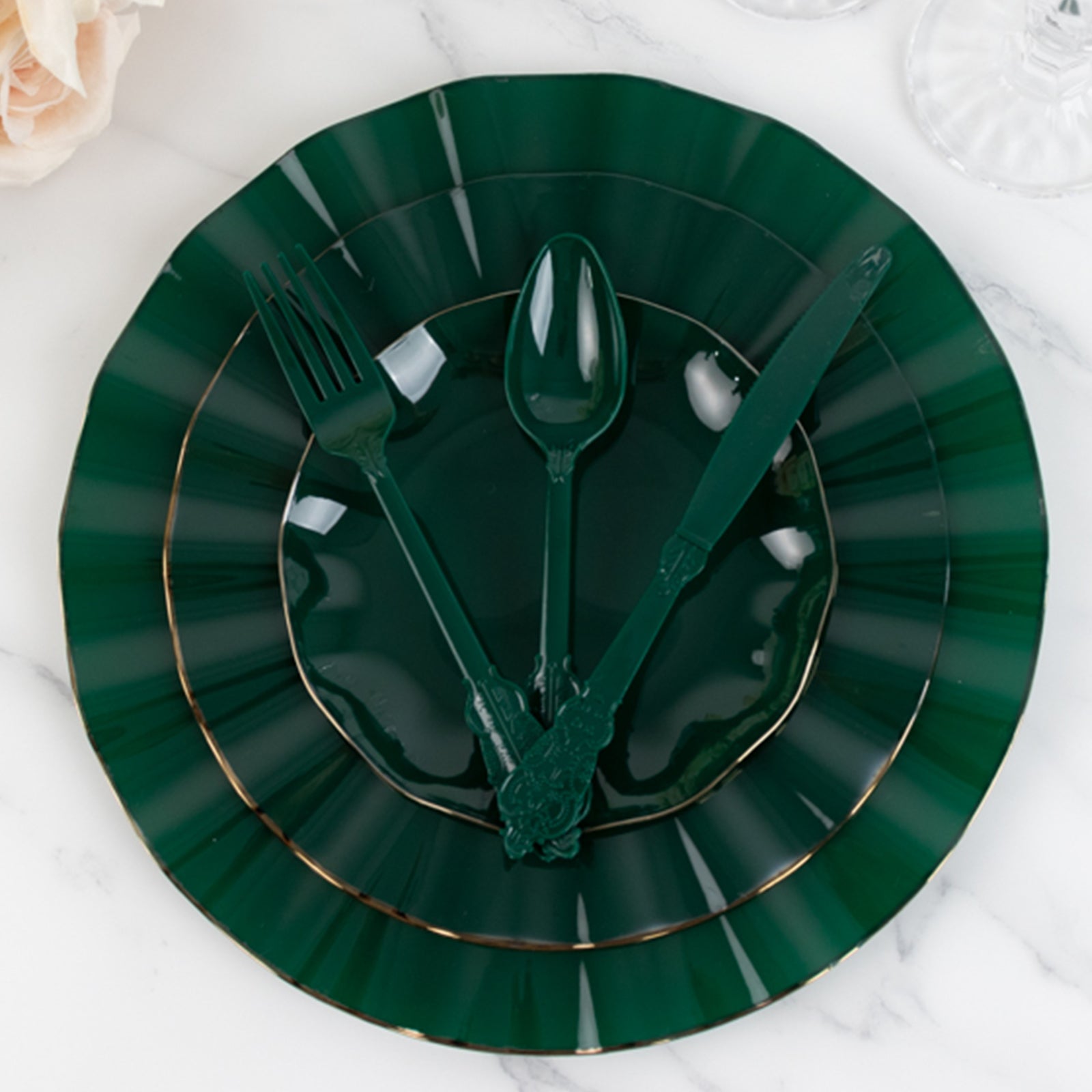 72 Pcs Plastic Silverware Set in Baroque Style Hunter Emerald Green - Heavy Duty Disposable Knife, Fork, and Spoon Set