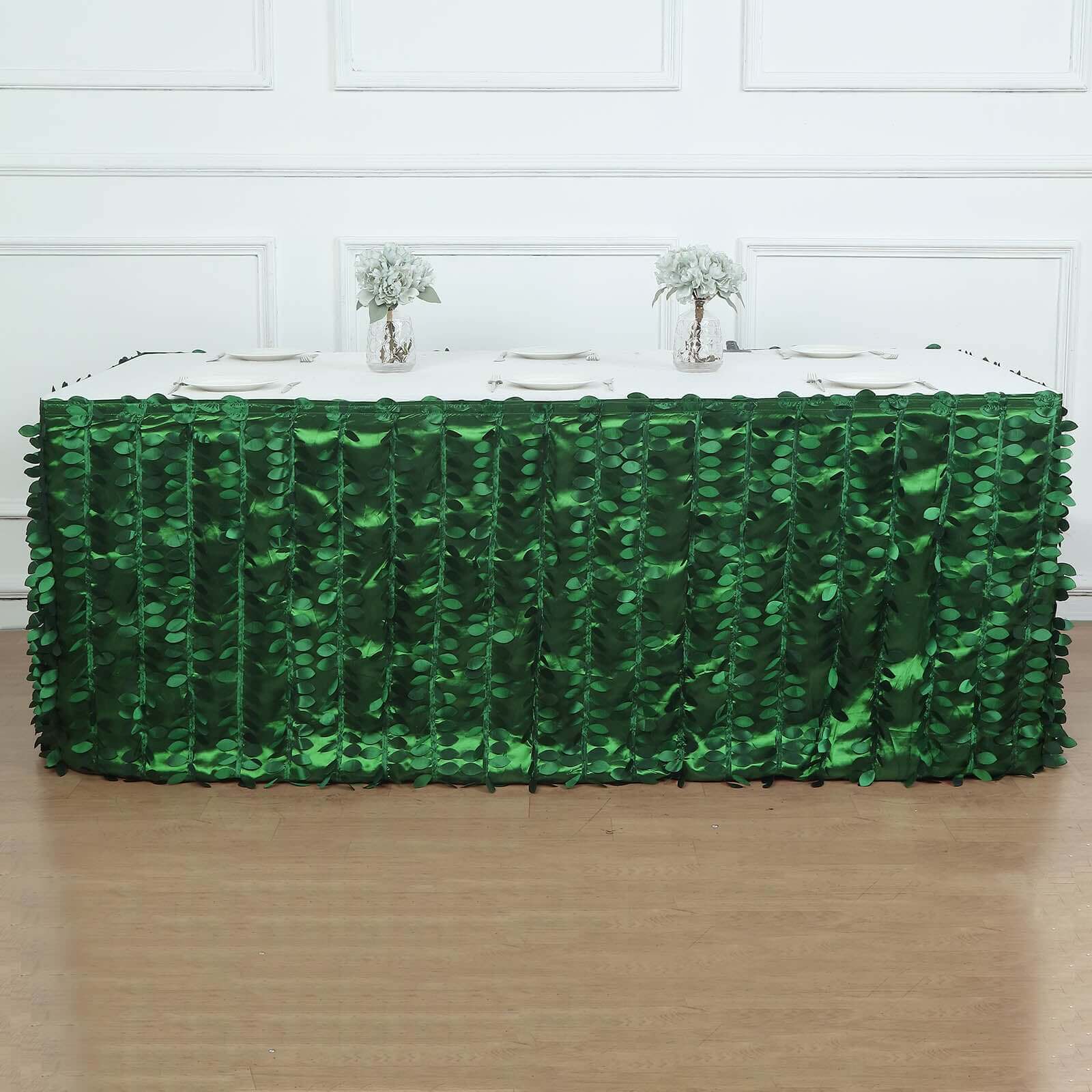 Taffeta Fabric 17ft Table Skirt Green 3D Leaf Petal Design - Exquisite & Stylish Event Table Cover