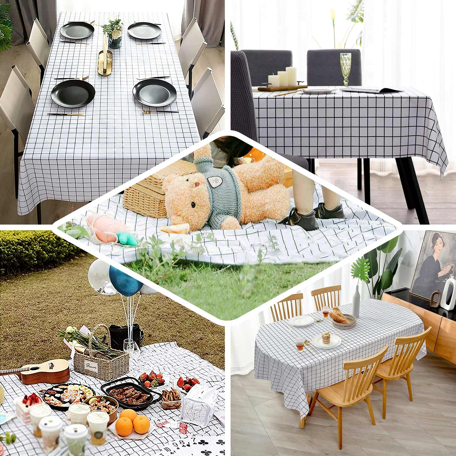 5-Pack Plastic Table Covers Black/White Grid Rectangle - Durable Checkered PVC Disposable Tablecloths 54"x108"