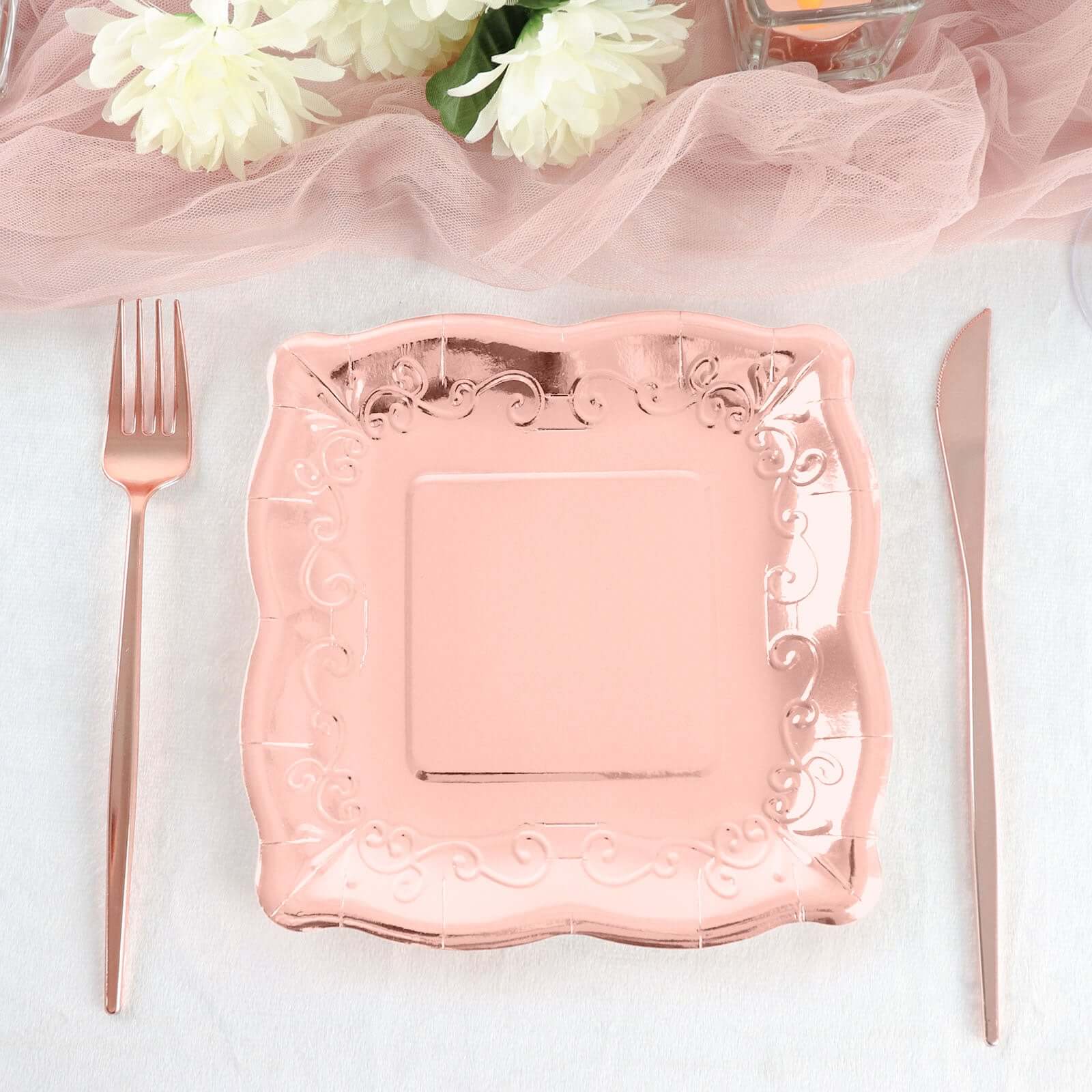 25-Pack Paper 7" Square Dessert Plates in Rose Gold with Vintage Pottery Embossed Design - Shiny Metallic Disposable Appetizer Plates