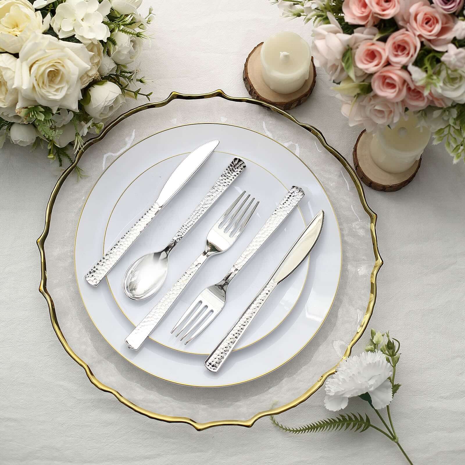 24-Pack Plastic Silverware Set with Hammered Design Silver - Heavy Duty Disposable Utensils 7"