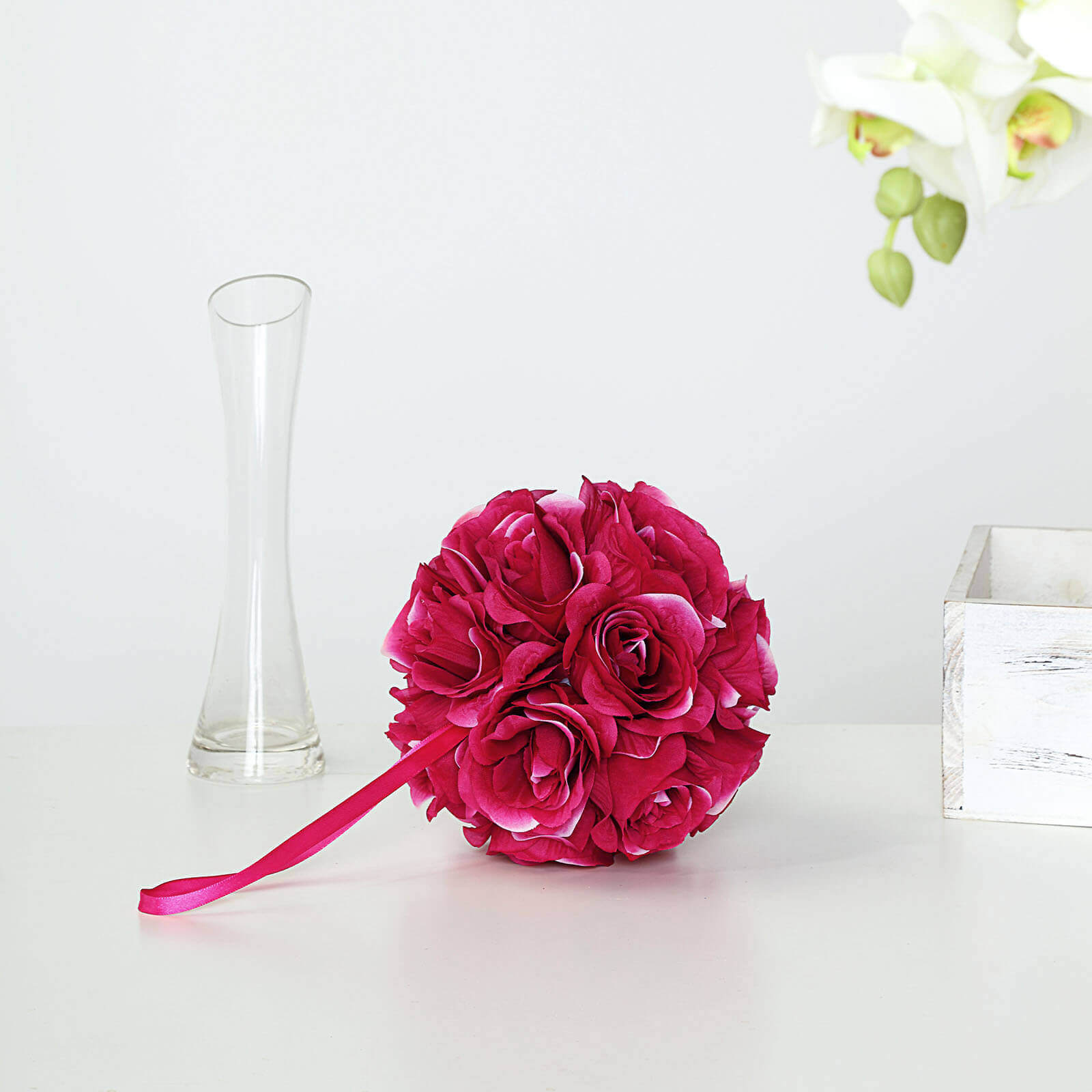 2 Pack 7" Fuchsia Artificial Silk Rose Kissing Ball, Flower Ball